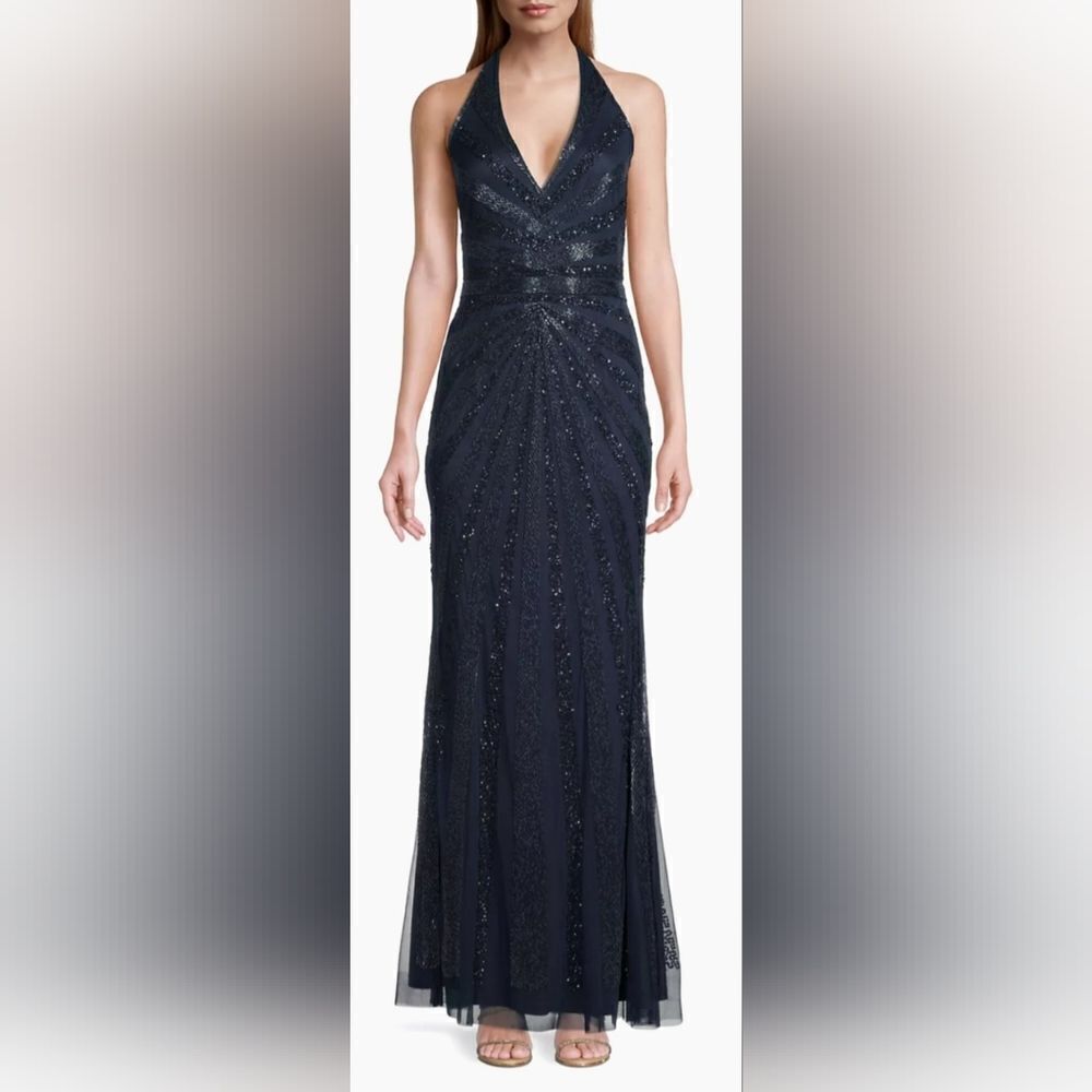 aidan mattox blue beaded dress | Dresses | Aidanmattox Halterneck Gown Nwot Size 4 Navyblue Color:Leopard Nicole Kidman Hops On Honiva Navy high side slit Full